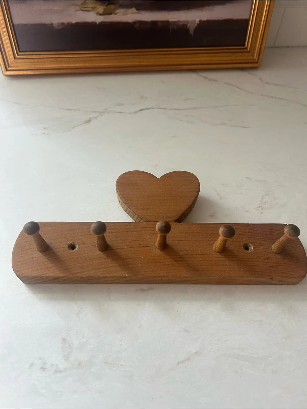 Vintage Wooden Heart Peg Rack 5 Hook Wall Hanger Cottage Country Decor